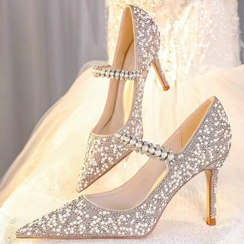 Mode Europäische und Amerikanische Perlen Hochzeitsschuhe Brautschuhe Strass High Heels Design Sinn Nische Glas Sandalen