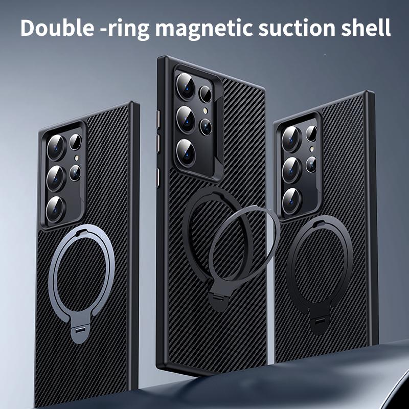 For Samsung Galaxy S24 Ultra Magnetic Case Carbon Fiber Texture Ring Kickstand Phone Cover