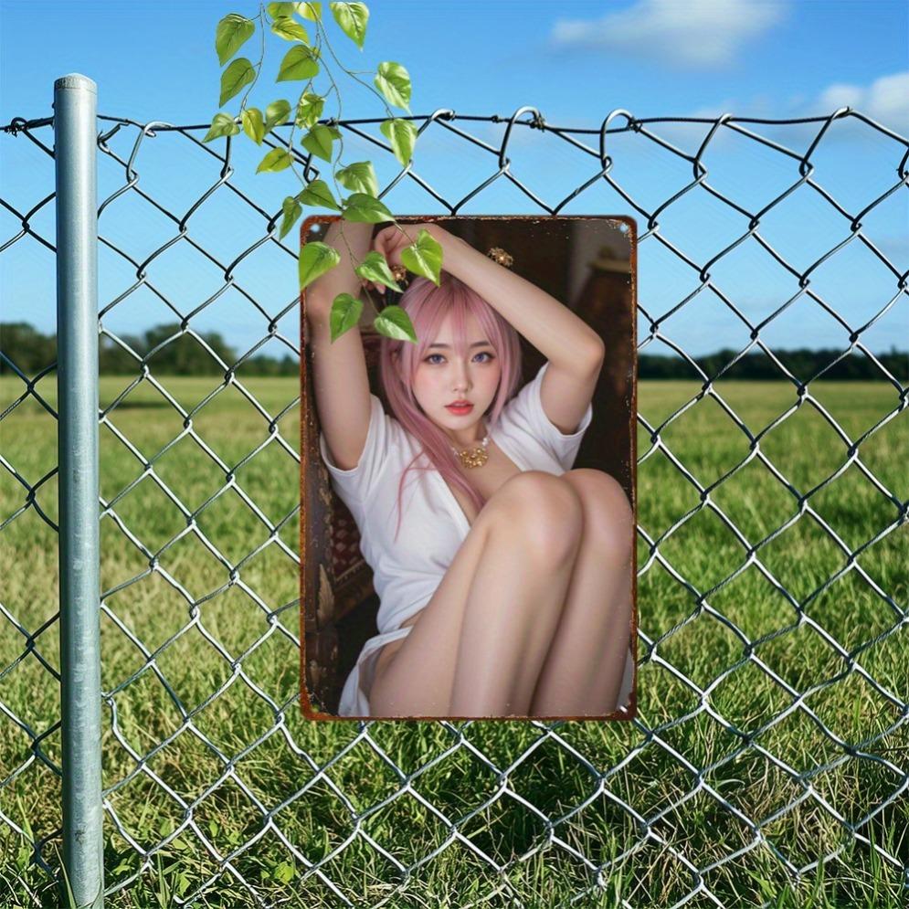 Vintage Anime Girl Metal Sign, Pink Hair Manga Art Wall Decor for Home Garage Man Cave