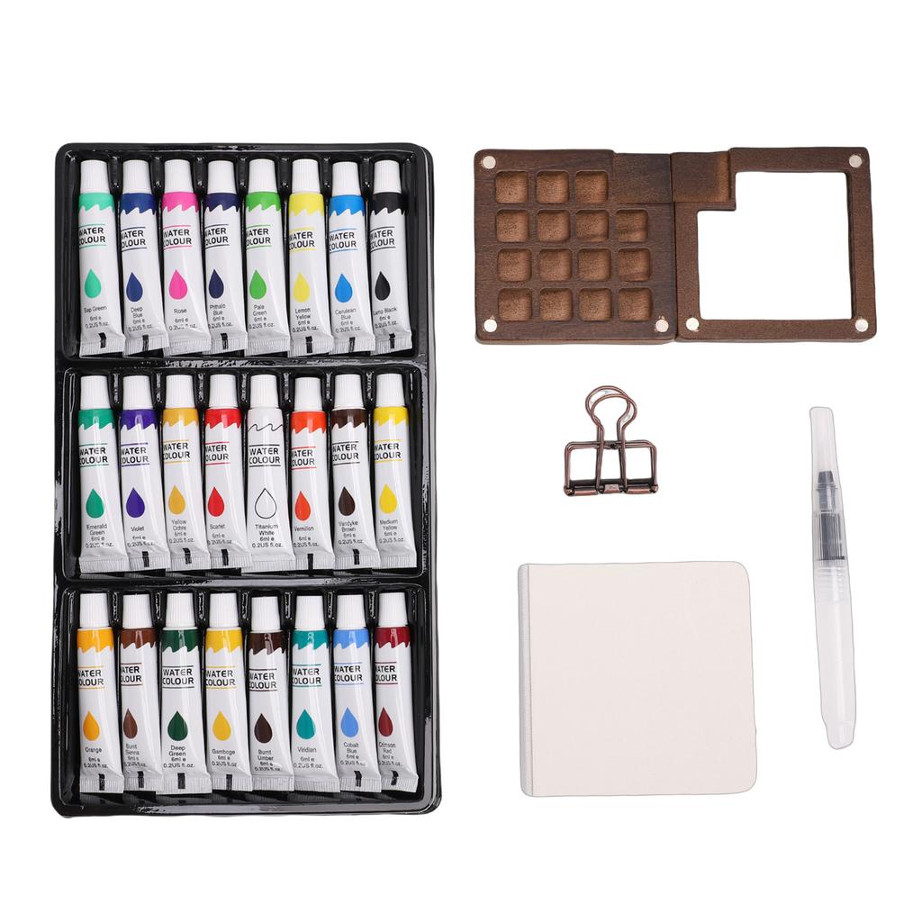 Mini Watercolor Paint Set 15 Grid Wood Palette 24 Colors Portable Sketchbook Painting Kit Watercolor Travel Set