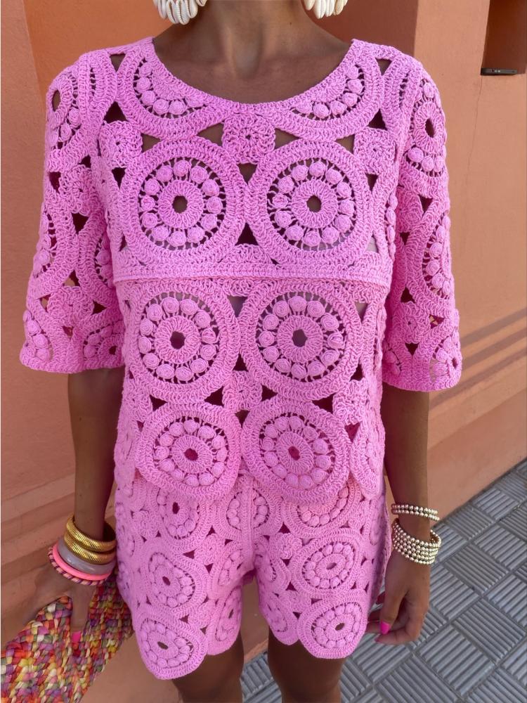 Σέξι Διχτυωτά Κροσέ Σετ Δύο Τεμαχίων Γυναικεία Μπλουζάκια με Κοντό Μανίκι + Ψηλόμεσο Χαλαρό Σορτς Γυναικεία Μόδα Σικ Μονόχρωμα Streetwear Κοστούμια Παραλίας