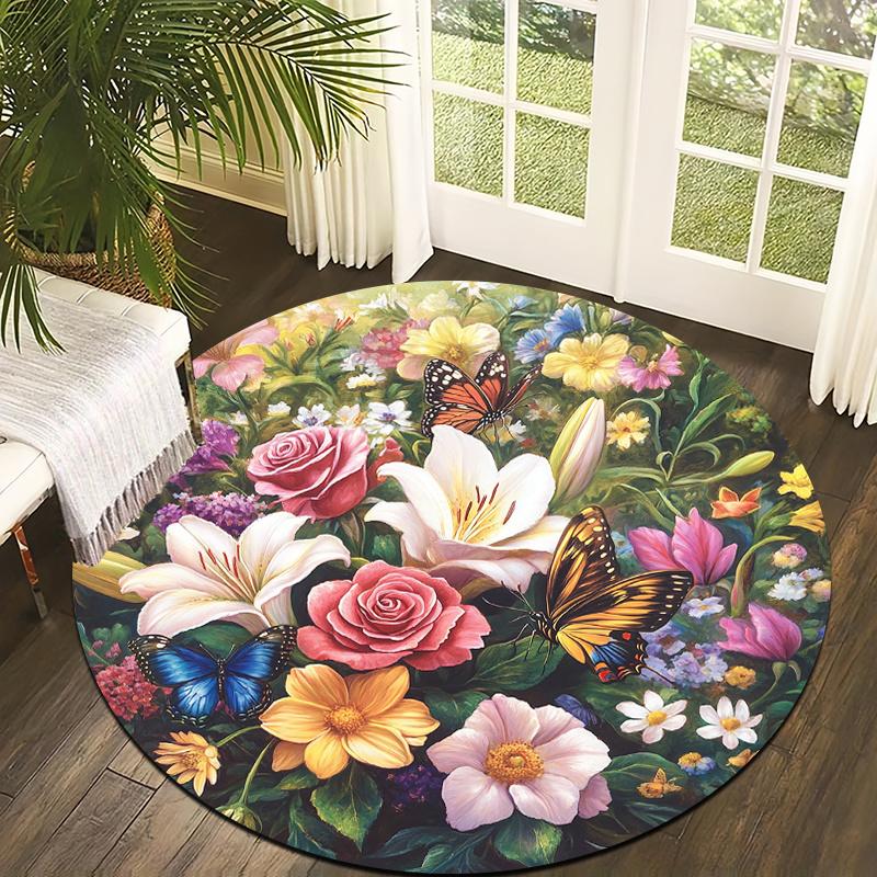 Floral and butterfly retro Flannel-printed round floor mats are slip-resistant Suitable for room bedroom terrace garden carpets