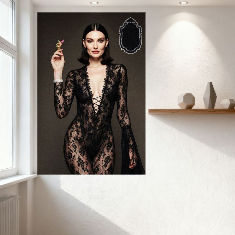 Sexy žena s tmavým bobem Černý krajkový body Květinový vzor Plechová cedule Vintage kovový plakát pro Bar Pub Domácí kavárnu Dekorace stěny