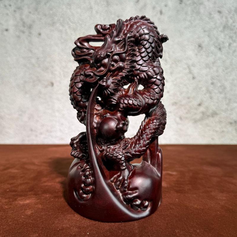 Rosewood Dragon Ornament: Twelve Zodiac Animal Carving for Living Room & Housewarming 12cm