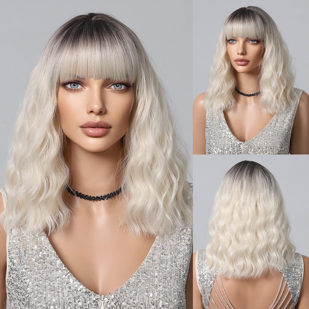 Short Wavy Wine Red Synthetic Wigs for Women Curly Lolita Wigs With Bangs Shoulder Length Wigs Natural Looking Daily Cosplay