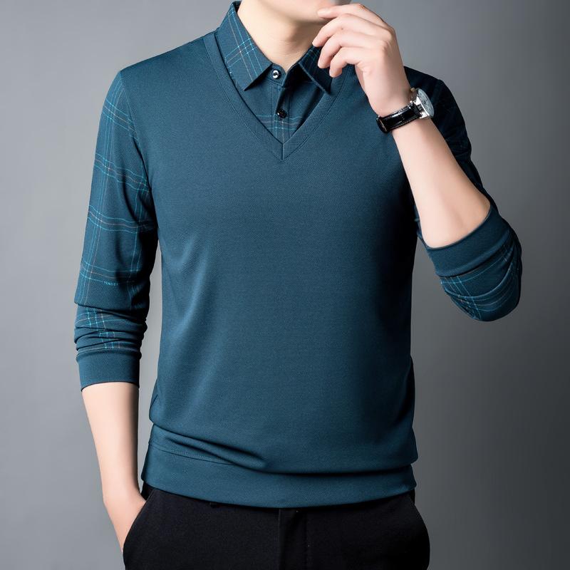 Pánská ležérní pletená košile s dlouhým rukávem a fleecovou podšívkou, vyšívaná kostka, vzhled vrstvení, klopový límec, mírně pružná tkanina na podzim/zimu