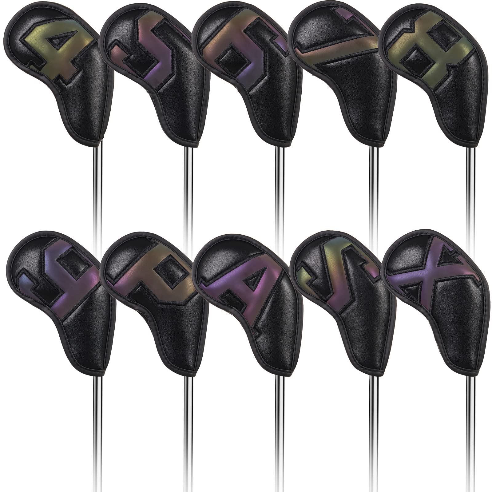 

Set of 10 Golf Iron Magnetic Wedge and Club Headcovers with Gradient Numbers and Black Synthetic Leather Covers, Covers, (4-9, P, A, S, X)