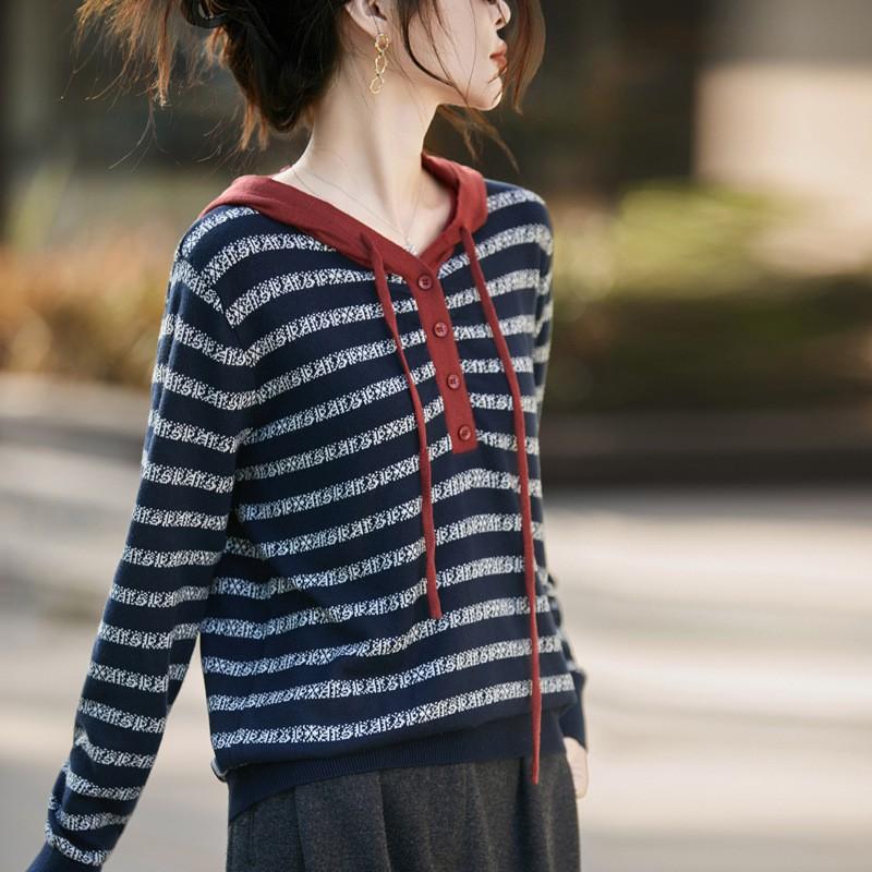 Womens Striped Hooded Wool Blend Knit Sweater Casual Oversized Pullover Top Office Daily Wear
