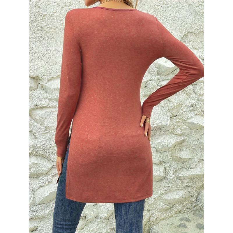 

Tooxika Новый стиль Топы с длинными рукавами Slim Fit Однотонная длинная футболка с разрезом XXL вино красного