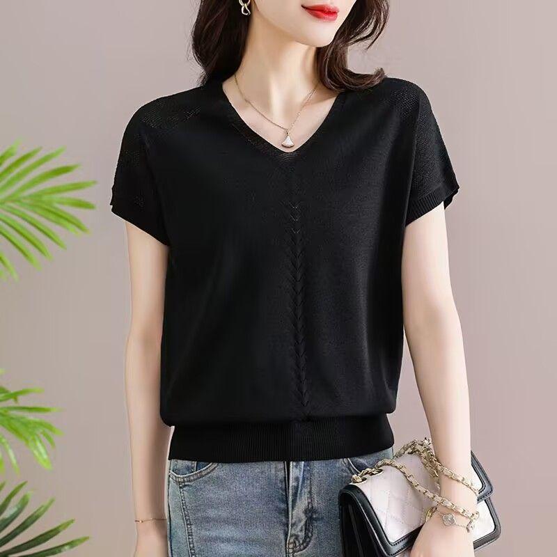Women's Knitted T-shirt Summer Middle Aged Mom Summer Clothes Short Sleeved T-shirt Women's V-neck Shirt