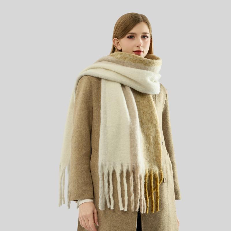 Color matching mohair scarf women's autumn and winter advanced sense thickened warm versatile scarf simple versatile scarf