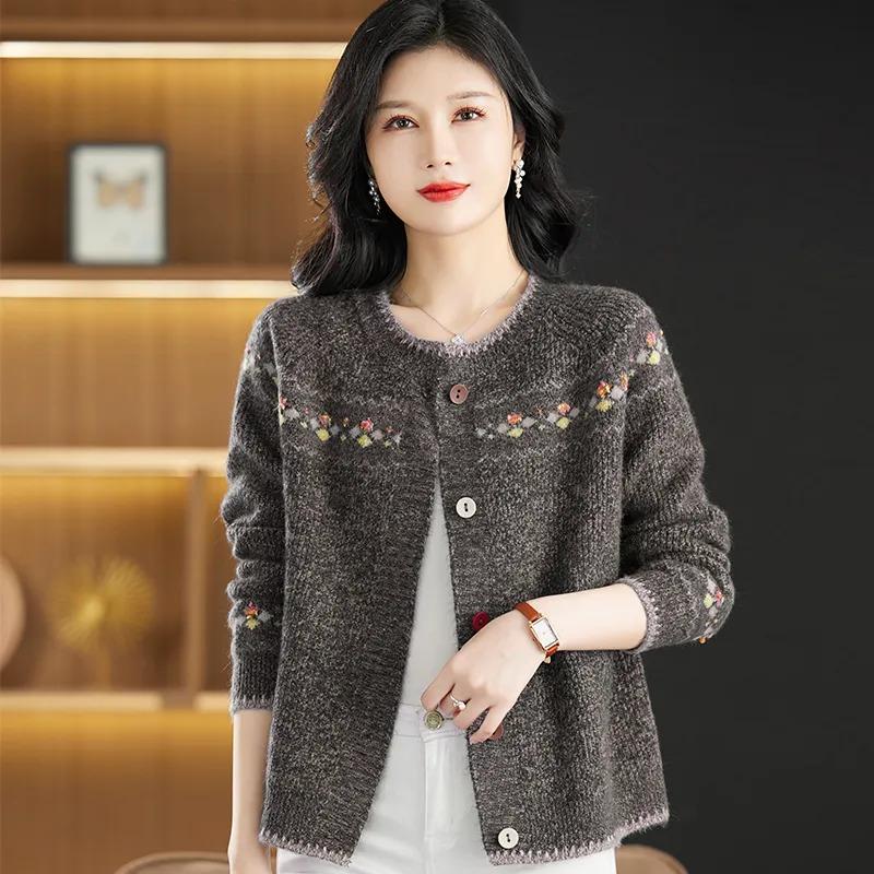 Herbst Winter Geometrisches Muster Stickerei Kontrastknopf Langarm Strickjacke Rundhals Pullover Gestricktes Freizeit Oberteil