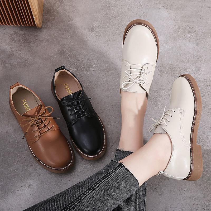 Black Work Shoes Women's Flat-bottomed Casual and Comfortable Oxford Shoes Versatile Lace-up Soft-soled Single Shoes Women's British Style Small Leath