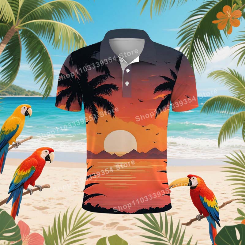 Maglietta Polo da Spiaggia Hawaiana con Palme per Uomo Estate Stampa 3D Foglie Manica Corta Polo da Golf Casual Street T-shirt Top