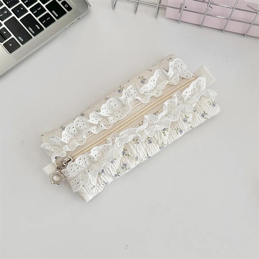 Cute Lace Ruffle Pencil Case for Kids Girl Sweet Cartoon Makeup Brush Organizer Large Capacity Soft Fabric Stationery Storage