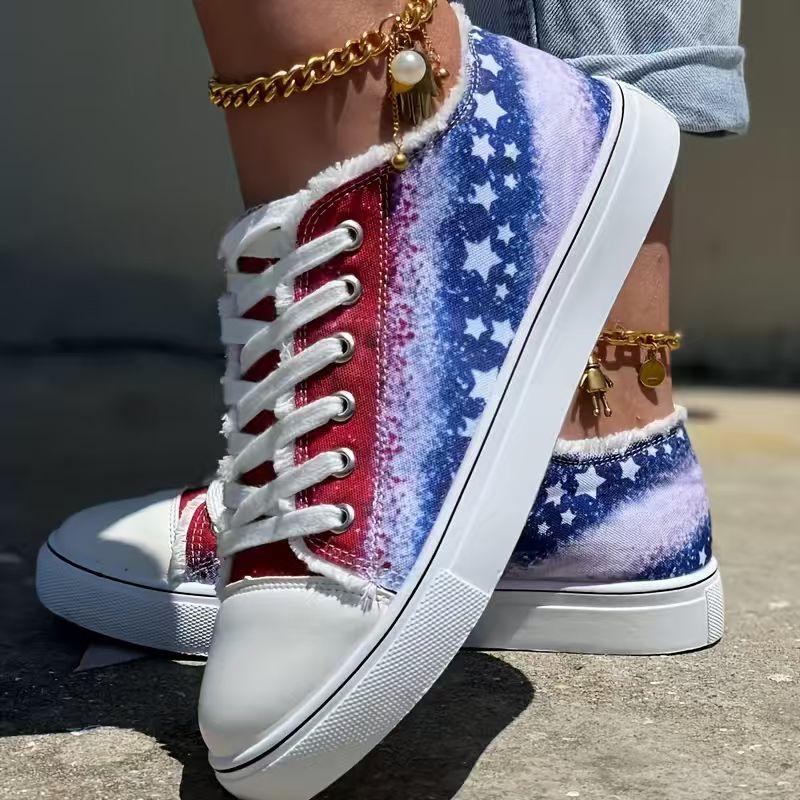 Women's Chunky Platform Sneakers with Thick Platform Sole - Round Toe Star Stripe Design Hand Washable Fabric