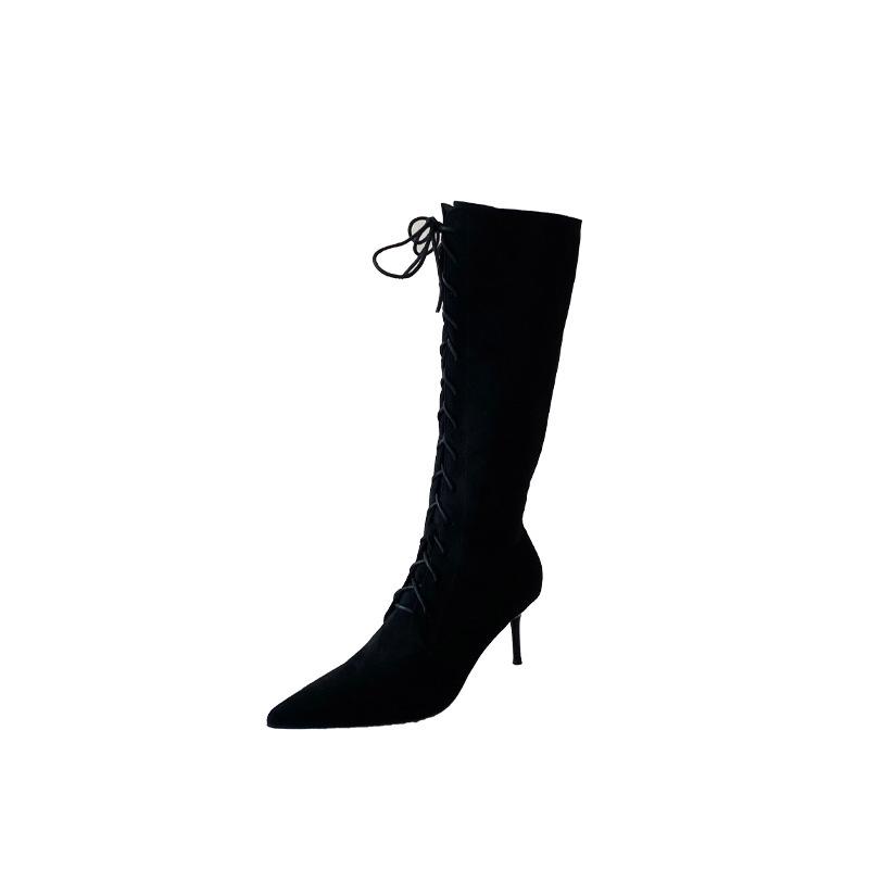 2025 autumn and winter European and American new pointed thin heel high heel temperament French suede lace up fashionable sexy beautiful women boots