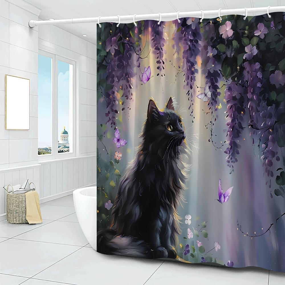 Black Cat Shower Curtain - Purple Lavender & Wisteria, Spring Watercolor Butterfly Design - Polyester Bath Curtain Set