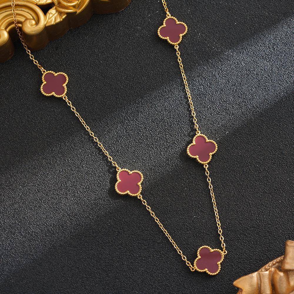 Szczęśliwy naszyjnik z czterolistną koniczyną, Stal tytanowa platerowana 18-karatowym złotem, Modny i wszechstronny koreański styl, Łańcuszek na obojczyk dla dziewcząt