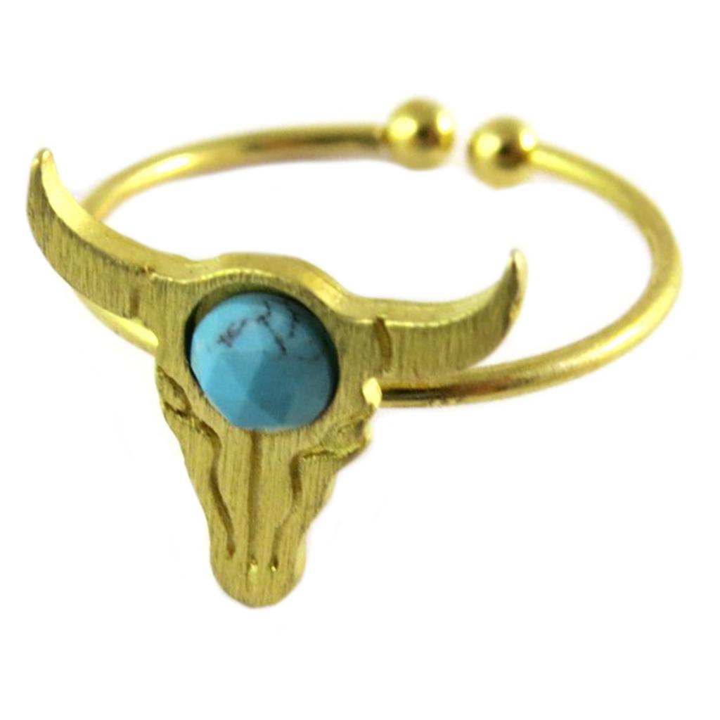 7bis [Q1474] - Handcrafted 'Boho' Gold Turquoise Ring (bison Skull) - 14x13 Mm