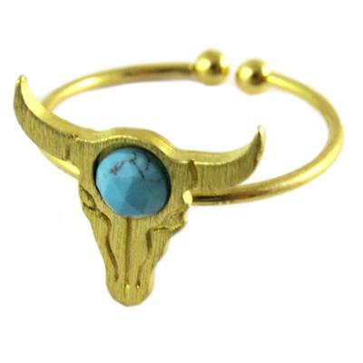 [Q1474] – Handgefertigter „Boho“-Gold-Türkis-Ring (Bisonschädel) – 14 x 13 mm