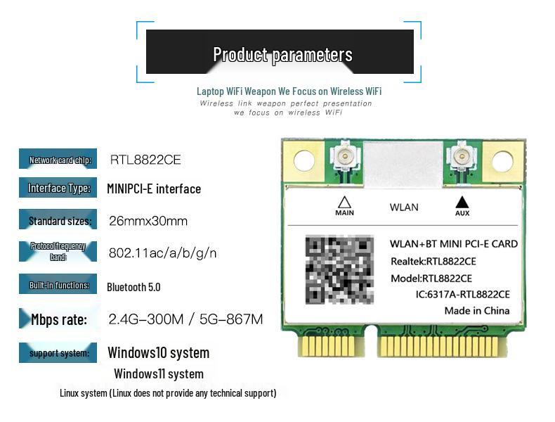 RTL8822CE Dual-Band Mini PCIe Gigabit Laptop Wireless Network Card with Bluetooth 5.0