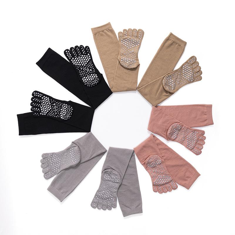 High Quality Non-Slip Knee Socks Five Fingers Anti-Skid Thigh Stockings Solid Cotton 5 Toes Grip Pilates Dance Sport Floor Sock