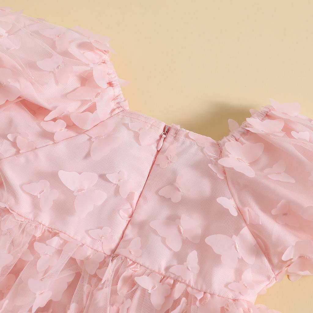 Dziecięca sukienka księżniczki dla małych dziewczynek, krótki bufiasty rękaw 3D motylkowa tiulowa sukienka o linii A