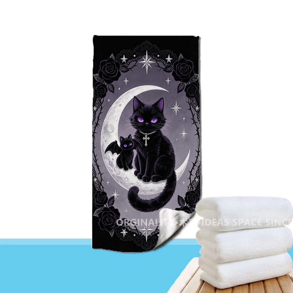 Gothic Moon Black Cat Beach Towel Patterned Sunscreen And Windproof Suitable For Swimming Pool Camping Travel