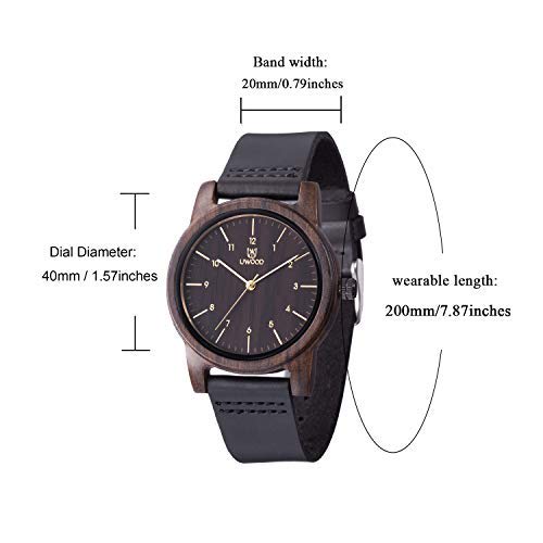 MUJUZE Men's and Women's Wooden Watch with Handcrafted Leather Band, Casual, Business, and Sports Style, Japanese Quartz Movement, Lightweight (Ebony)