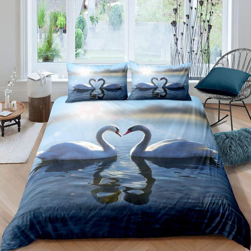Swan Duvet Cover Black And White Swan Duvet Cover Queen Bird Comforter Cover Microfiber Romantic Flower Wild Animals Quilt Cover