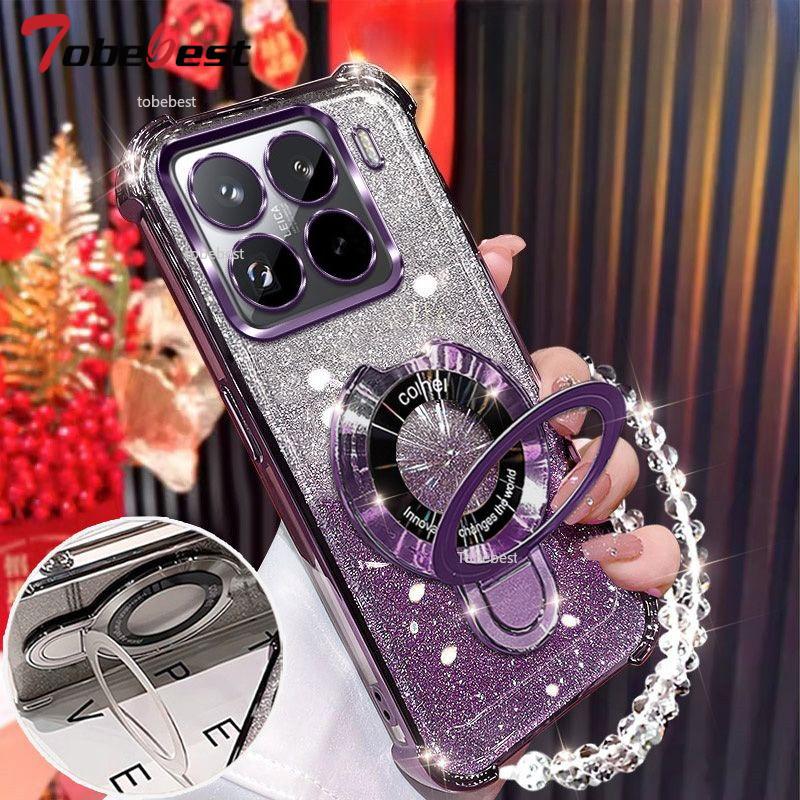 Glitter Plating Shockproof Case For Xiaomi 15 14 Ultra 14T 13 12 12S Pro Fundas Magnetic Holder Bracelet Cover