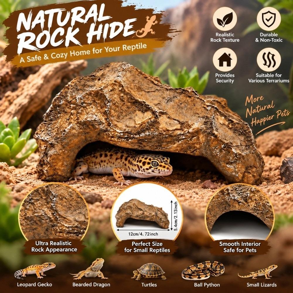 Resin Reptile Hide Cave Flat Base Reptile Shelter Sturdy Hideout Decor Pet Enclosure