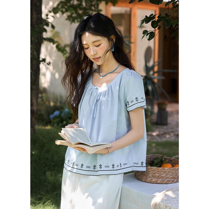 Mishow Embroidered Drawstring Puff Sleeve Blouse