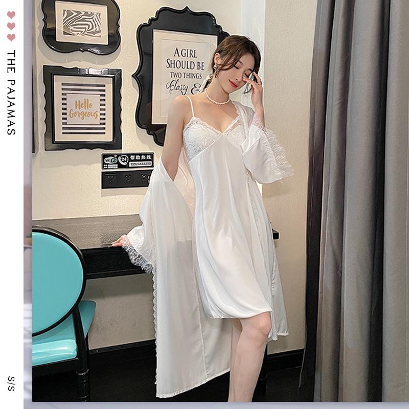 1011 lace-edged long-sleeved nightgown suspender skirt spring and autumn two-piece set thin ice silk women's loungewear pajamas