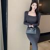 Pure and Elegant French Sexy Square Neck Long Sleeve Dress for Women, Autumn/Winter New Slim Fit Hot Girl Hip-hugging Mermaid Long Dress