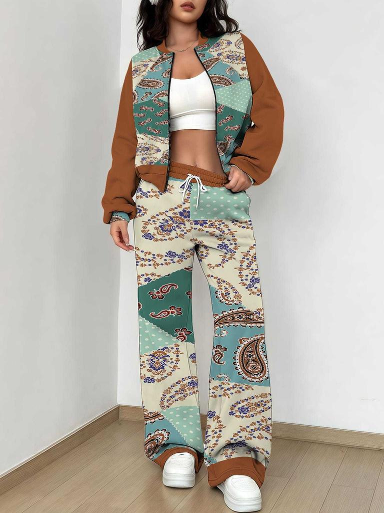 Splicing Autumn And Winter New European And American Women'S Clothing Retro Pattern Printing Suit Women