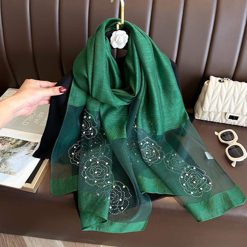 Elegant Organza Silk Scarf With Beads Solid Color 190*70Cm Long Scarves Embroidery Flowers Pearl Solid Shawls For Women Hijab