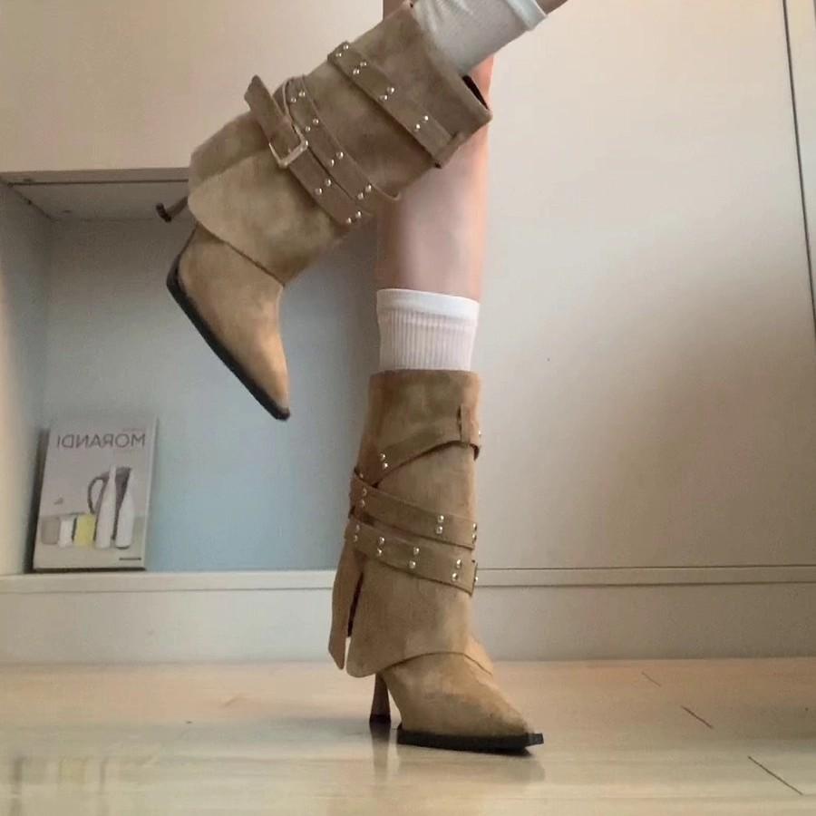 Thick-heeled retro mid-tube pointed boots 2025 new solid-color trouser tube boots mid-heel pleated western cowboy stacking boots