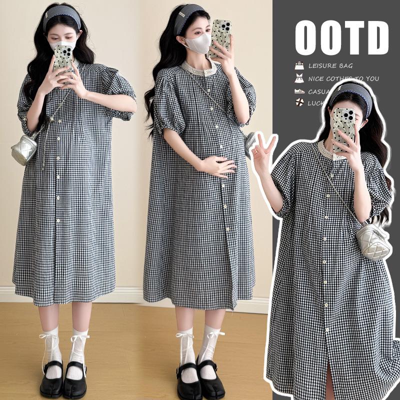 2026 Spring/Summer Retro Plaid Maternity Dress with Lace Ruffle Collar Medium