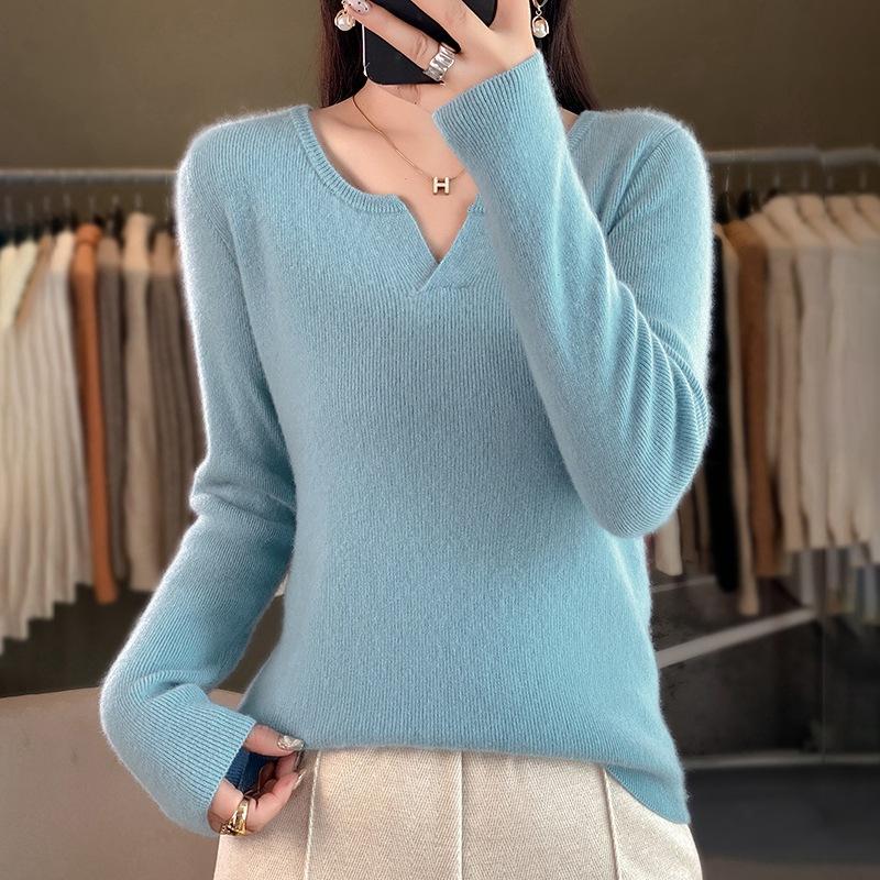 Autumn and winter new long-sleeved solid-color slim-fit bottoming shirt round V-neck sweater women's knitted sweater jumper top