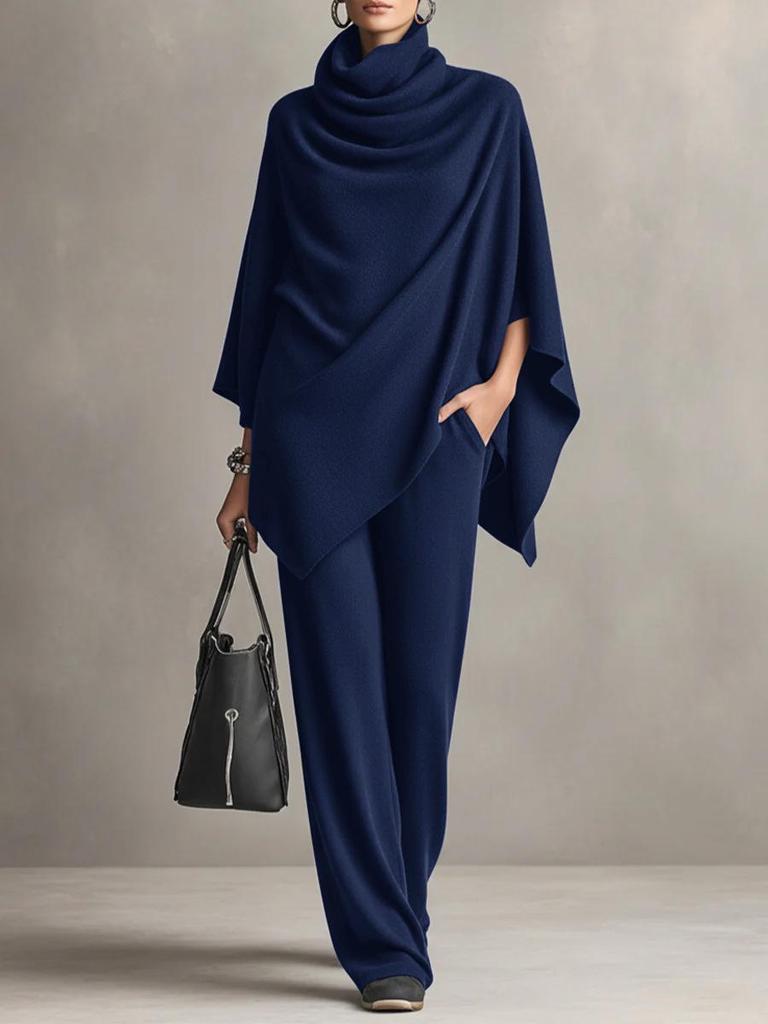European & American Women's Fall/Winter Fleece Stand-up Collar Cape and Wide-leg Pants Set