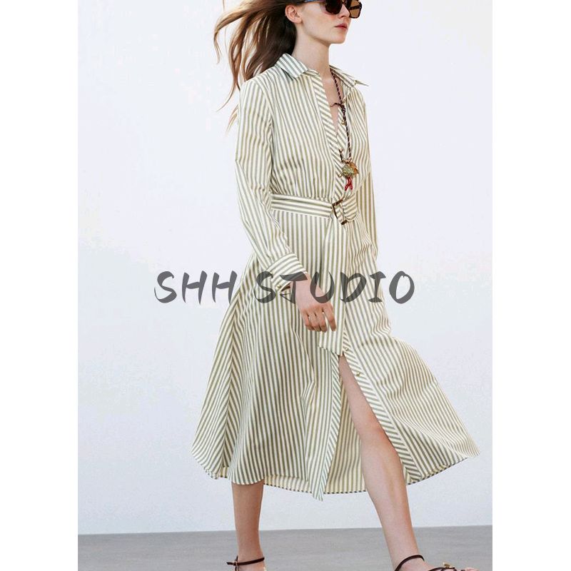 Spring and Summer New Women's Clothing Lapel Long Sleeves Shirt Style with Belt Stripes Midi Skirt Dress 2777831