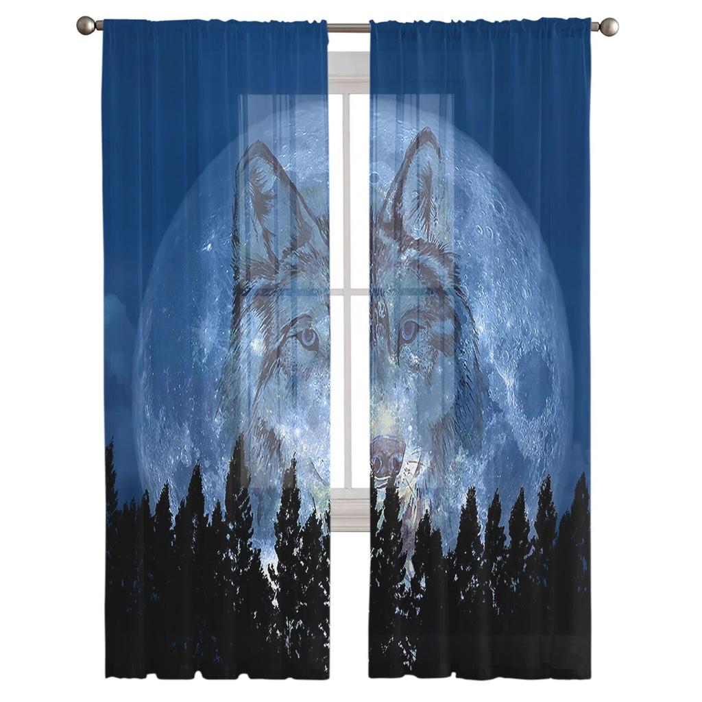 Wolf Night Moon Woods Sheer Curtain for Living Room Hall Wall Dress Up  Home Window Supplies Pop Print Tulle Curtains