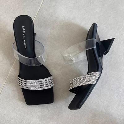Fashion Open Toed Slippers for Women's 2025 Summer New Style for Outdoor Wear Square Toe Rhinestone Cross Cut High-heeled Sandals Women