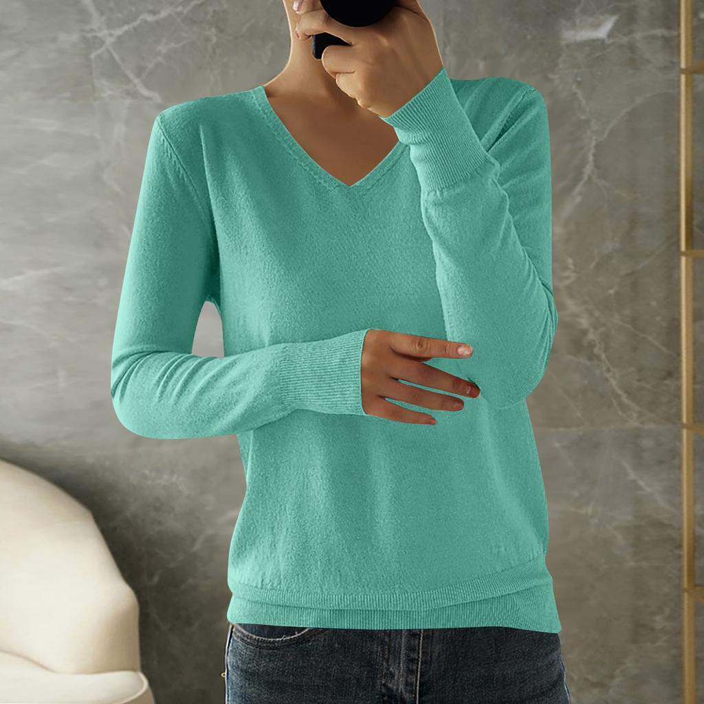 Women's Fashion Loose Knit Sweater Bottom Shirt V-Neck Pullover Long Sleeve Solid Color Top