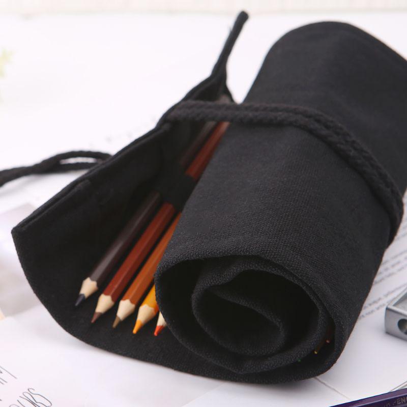 Black Color School Pencil Case Roller 12/24/36/48/72 Holes Canvas Roll Up Makeup
