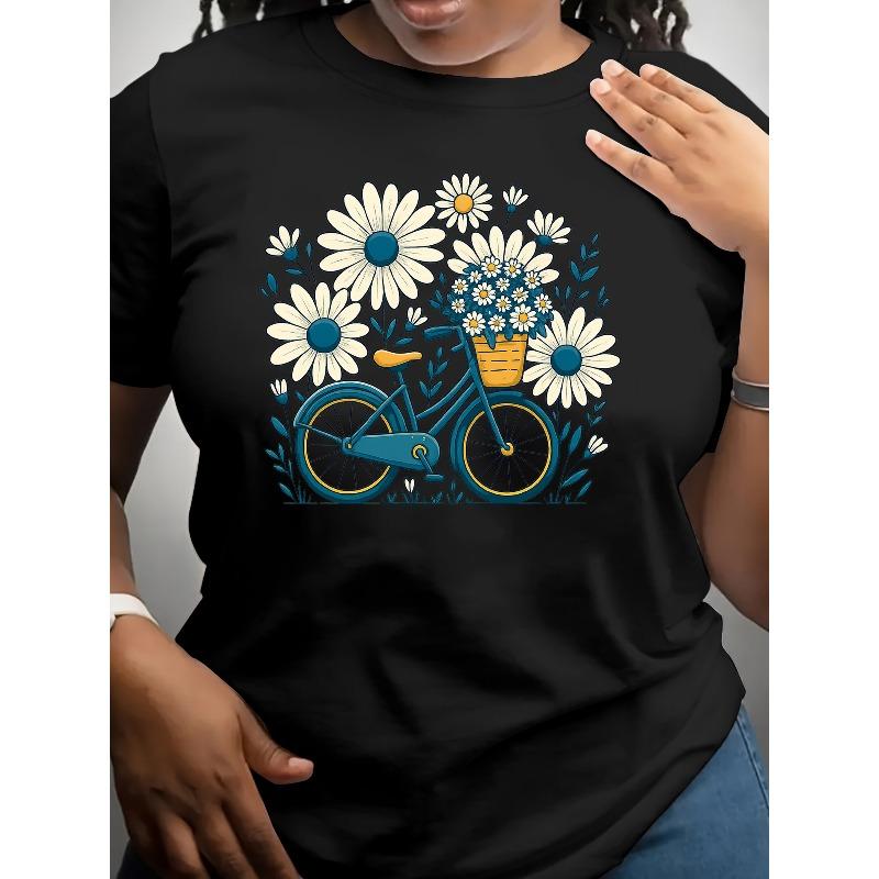 

European sizes Casual Short-Sleeved T-Shirts for Women Featuring Bicycle And Flower Designs, Regular Length 4XL