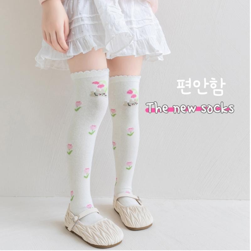 Children's Knee Length Cotton Socks Baby Girls Long Tube Socks Soft Stockings Flower Pattern for School Uniforms