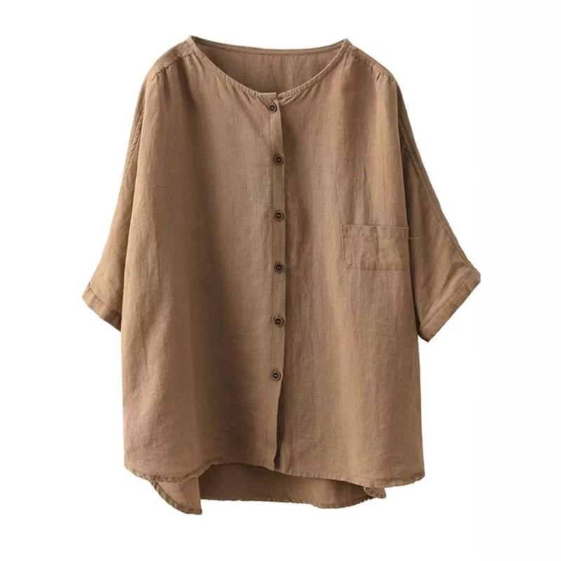 Johnature Women Vintage Shirts Tops Summer O-Neck Short Sleeve Blouses Solid Color Button Female Shirts